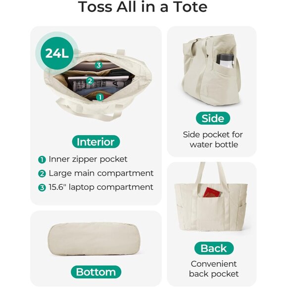 Women Beige Shoulder Tote Bag With Top Handle with Yoga Mat Buckle for Gym - Picture 4 of 7